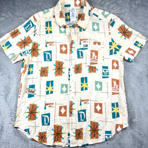 Disney Parks Retro MCM Pattern Shirt Men’s Size M Short Sleeve Button Up - Picture 1 of 9